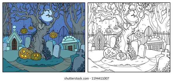 Scary old tree with tied pumpkins in an old abandoned cemetery with crypts linear drawing color and outlined for coloring