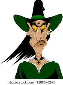 scary old witch in high hat and green dress, vector and illustration

