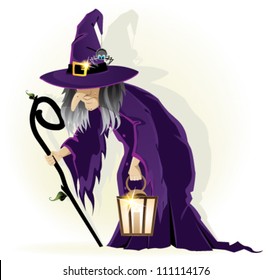 Scary old witch with a lantern on a white background. Cartoon Halloween character