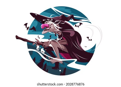 Scary old witch vector illustration. Witch flying on broomstick flat style. Moonlight and bats. Halloween and creepy character concept. Isolated on white background