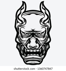 Scary Oni Japanese Demon Mask Vector Illustrations Black And White