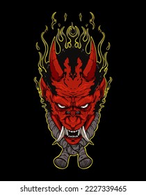 scary oni mask with flame vector, demon mask, evil smile vector