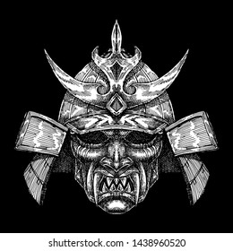 Scary Oni Samurai War Helm, Hand Drawn Illustration, Isolated Vector