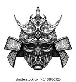 Scary Oni Samurai War Helm, Hand Drawn Illustration, Isolated Vector