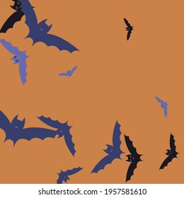 Scary Orange Colorful Retro Black Bats Vector Background. Gothic Chaos Attack Sky Halloween Art Illustration. Motion Violet Creepy Night Flying Bats Art Pattern. Print Spooky Eyes Purple Background.