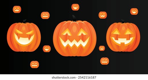Scary orange Halloween pumpkins, capturing a spooky holiday vibe with cartoon-style designs, perfect for festive decorations, party invitations, and Halloween-themed graphics