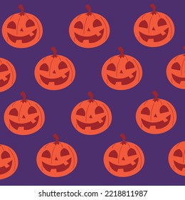 Scary orange halloween pumpkins patterns on a purple background