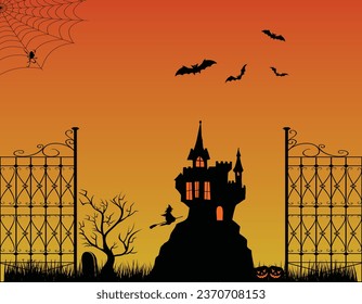 Scary orange Halloweens background  with witch house
