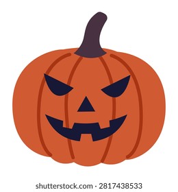 Scary orange jack o lantern pumpkin with sharp carved eyes and mouth in flat vector style