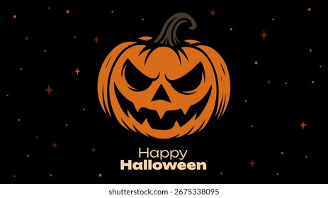 Scary orange jack-o-lantern on black background with stars and moon. Halloween background design for holiday celebration, poster banner.
