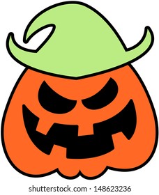 Scary orange scarecrow wearing green hat and smiling maliciously