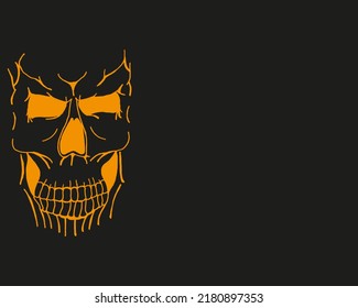 Scary orange skull on black background with copy space. Halloween flyer concept. Halloween background with cranium and copy space.