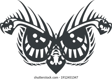  Scary owl eyes. Tribal awful eyes of an owl created by the head of an aggressive dragon for carnival mask, tattoo, prints, textile, etc.