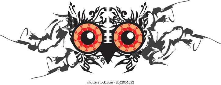 Scary owl head with huge orange eyes for holidays and events. Unusual wisdom symbol for Halloween, carnival mask, tattoos, prints, posters, emblems, textiles, embroidery, cards, wallpaper, etc.