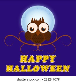 Scary owl sitting on a branch infront of moon with stylish Halloween text on blue background.