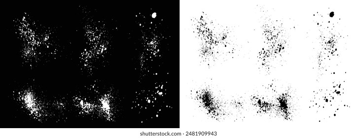 Pintura aterradora salpicaduras de pincel blanco y negro trazo garabato colección de Ilustración vectorial. Diseño de pintura de tinta pincelada