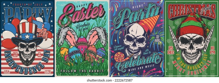 Scary party set colorful flyers vintage skulls on USA independence day invitations or birthday weekend and Christmas holidays vector illustration