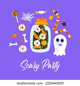 Scary Party Sketch Postcard. Vector Illustration of Mystery and Witch Greeting Cards.