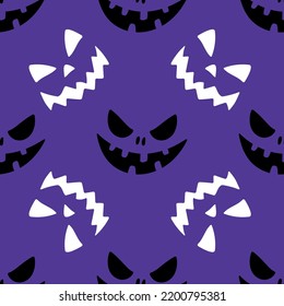 Scary pattern, colorful Halloween smirk print. Autumn pirate wallpaper or party background with funny grins - for fabric, for textiles, for wrapping paper. Halloween seamless pattern with evil grins. 