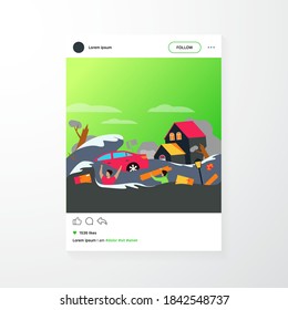 Scary people drowning in water isolated flat vector illustration. Cartoon submerged houses, drowned car during flood or tsunami. Natural disaster, climate change and emergency concept