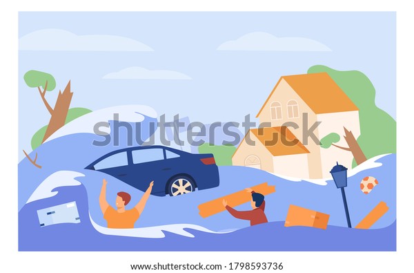 Scary\
people drowning in water isolated flat vector illustration. Cartoon\
submerged houses, drowned car during flood or tsunami. Natural\
disaster, climate change and emergency\
concept