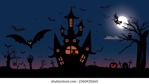 scary place with castle in cemetery, witch on moon and bats, Halloween background illustration