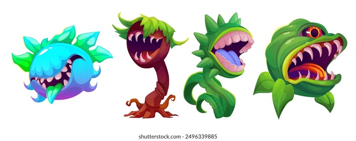 Scary plant monster. Fantasy alien creepy flower set. Carnivorous and dangerous garden creature with mouth trap and teeth to bite. Halloween exotic forest predatory character isolated mascot icon