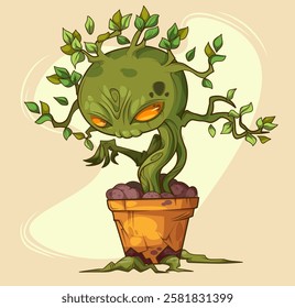 Scary plant monster with orange glowing eyes - twisted green creature growing from ceramic pot. Spooky alien like botanical character with leafy branches, bent stem for Halloween game design.