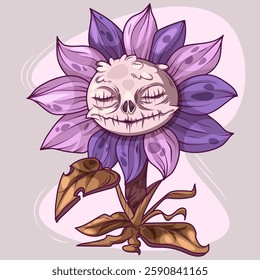 Scary plant monster with skull shaped bloom and purple petals on brown stem. Sleeping creepy flower character with closed eyes for Halloween decoration, game assets or spooky botanical illustration.