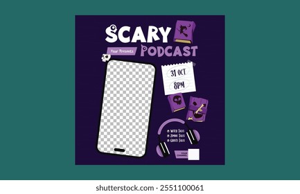 Scary Podcast Socials Media. Creative flat blue, orange, purple cards. Creepy, scary, spooky night concept. Vector template