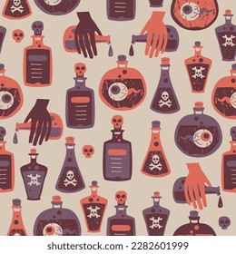 Scary poison cursed bottles with skulls - halloween seamless repeating pattern illustration