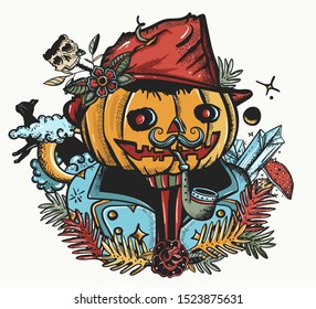Scary portrait Jack o' lantern pumpkin. Halloween. Old school tattoo style 