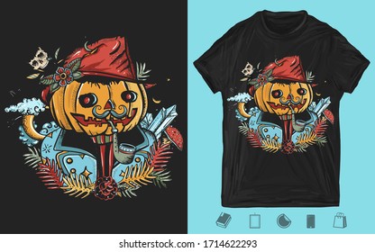 Scary portrait Jack o' lantern pumpkin. Halloween art. Creative print for dark clothes. T-shirt design. Template for posters, textiles, apparels 