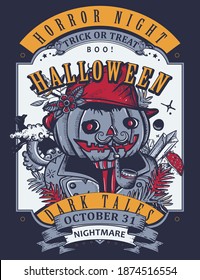 Scary portrait Jack o' lantern pumpkin. Vintage vector illustration. Old school tattoo style. Halloween concept. Template for clothes, t-shirt design