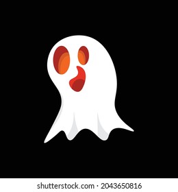 Scary pose cartoon white ghost, halloween spirit icon on black background, vector illustration.