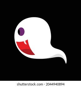 Scary pose cartoon white ghost, halloween spirit icon on black background, vector illustration.