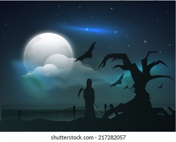 Scary poster, banner or flyer design for Halloween party with vampire standing under dead tree in moonlight night. 