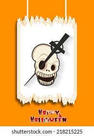 Scary poster, banner or flyer design with human skull and sword on yellow background for Happy Halloween party celebrations. 