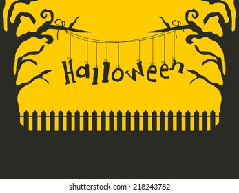 Scary poster, banner or flyer design with dead trees on yellow and black background for Happy Halloween party celebrations. 