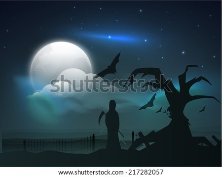 Scary poster, banner or flyer design for Halloween party with vampire standing under dead tree in moonlight night. 