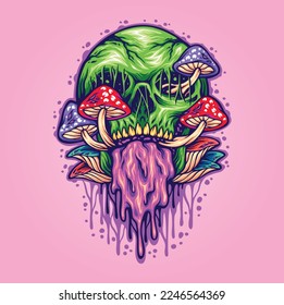 Scary psychedelic mushrooms skull illustration vector illustrations for your work logo, merchandise t-shirt, stickers and label designs, poster, greeting cards advertising business company or brands