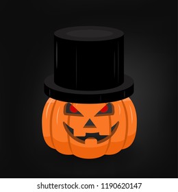 Scary pumpkin with black cap. Halloween concept