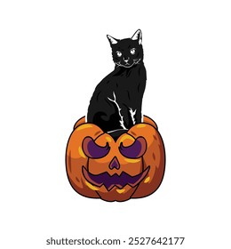 Scary pumpkin and black cat halloween sticker illustration