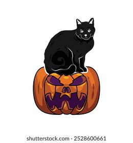 Scary pumpkin and black cat halloween sticker drawing