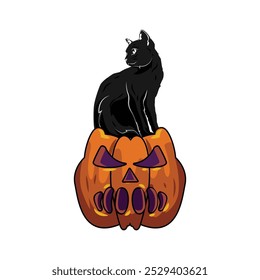 Scary pumpkin and black cat halloween sticker vector