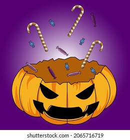 Scary pumpkin with candies for Halloween.