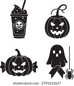 Scary pumpkin candy sweets ghost spider and skull drink icons for halloween projects.