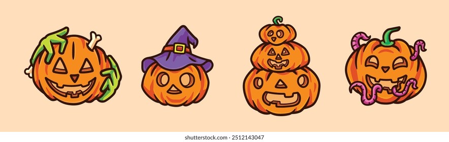 Personaje de calabaza de miedo diferente pose y Ilustración vectorial de emoción