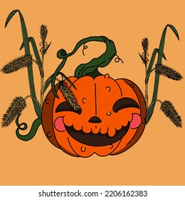 Scary pumpkin in ears halloween illustration in background