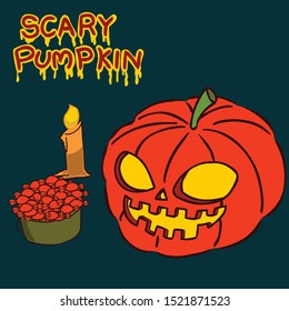 scary pumpkin face with candlelight and candy bucket